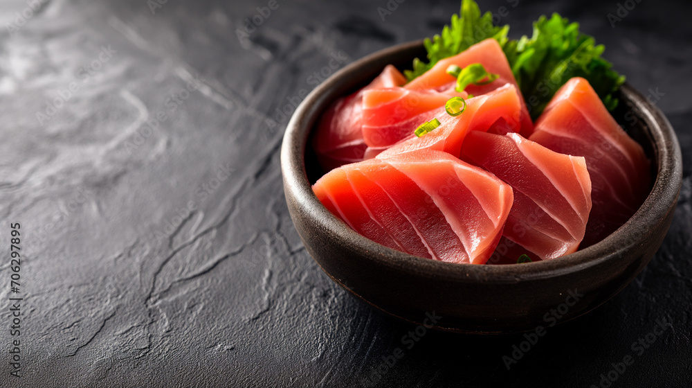 isolated,Tuna Sashimi on black plate,blank space for text 3 parts,blue background,black light blue white green blue black plate,World Tuna Day, Tuna Conservation, 2 May, Tuna,banner isolated,Tuna Sashimi on black plate,blank space for text 3 parts,blue background,black light blue white green blue black plate,World Tuna Day, Tuna Conservation, 2 May, Tuna,banner