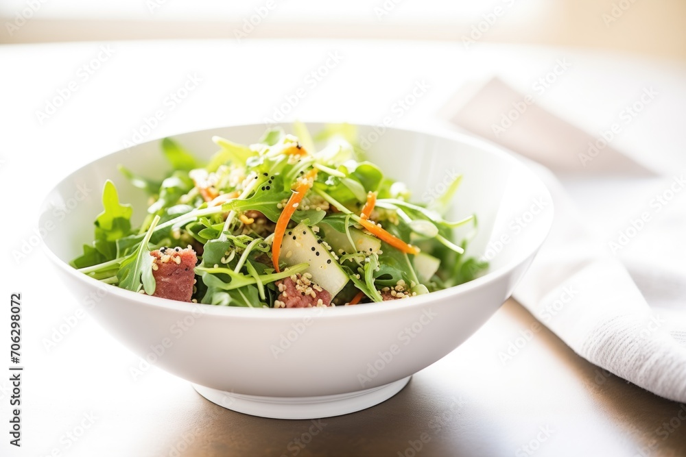 close-up of arugula and quinoa salad in white bowl