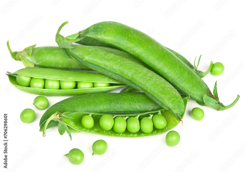 Plump and vibrant green peas, perfectly isolated on a white backdrop, capturing the essence of freshness and wholesome goodness. Raw green peas in pods isolated on the white background Plump and vibrant green peas, perfectly isolated on a white backdrop, capturing the essence of freshness and wholesome goodness. Raw green peas in pods isolated on the white background
