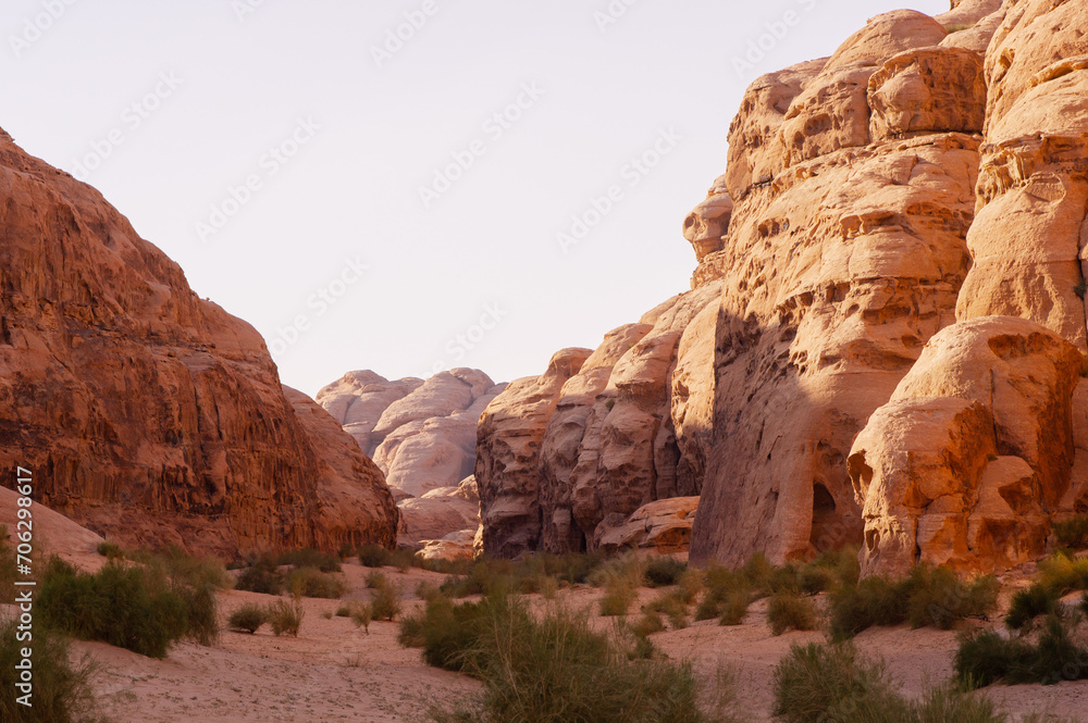 Jordan, Wadi Rum desert. Incredible landscapes with vibrant colors on all sides. Martian city surrounded by incredible rocks and mountains of bizarre shapes with most unusual architecture. Jordan, Wadi Rum desert. Incredible landscapes with vibrant colors on all sides. Martian city surrounded by incredible rocks and mountains of bizarre shapes with most unusual architecture.