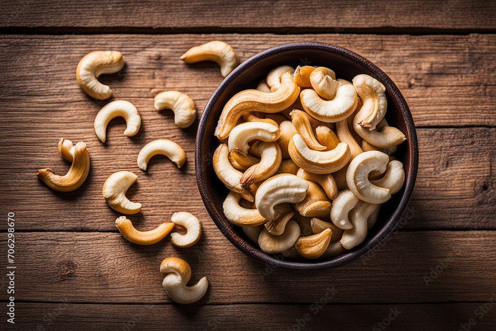 Cashew nuts on bowl top view on wodden table Cashew nuts on bowl top view on wodden table