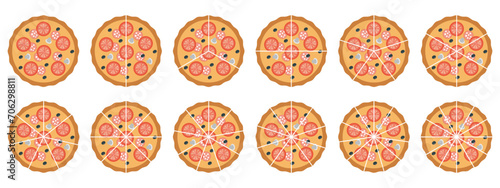 Pizza slice with fractions. Vector illustration.