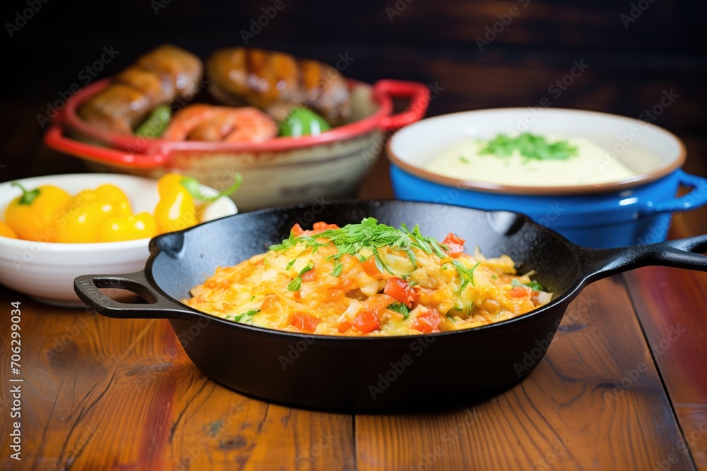 cast iron skillet with sausages next to a mash bowl cast iron skillet with sausages next to a mash bowl