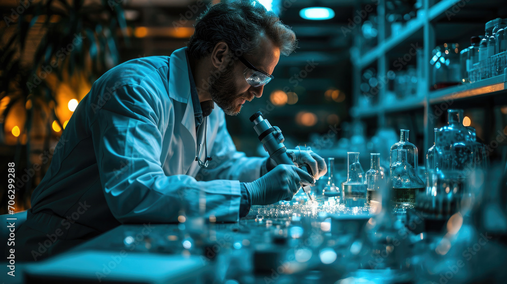 Scientist conducts research with microscope in laboratory during evening hours while focused on small glass vials and equipment Scientist conducts research with microscope in laboratory during evening hours while focused on small glass vials and equipment