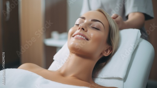 A relaxed smiling woman undergoing beauty treatments, massage lies in a beauty salon. Spa, Beautiful radiant skin, rested face.