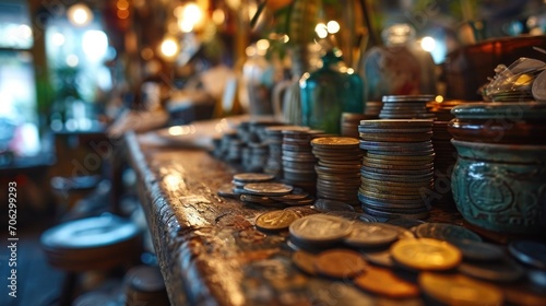money​ and coins Collect​ on​ Business​ table