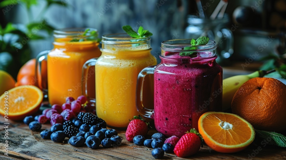 Refreshing fruit smoothies served in jars with vibrant colors and fresh ingredients displayed on a rustic wooden table Refreshing fruit smoothies served in jars with vibrant colors and fresh ingredients displayed on a rustic wooden table