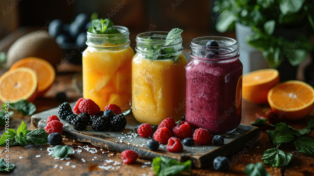 Refreshing fruit smoothies in glass jars on a wooden board surrounded by fresh berries and citrus fruits in a rustic kitchen setting Refreshing fruit smoothies in glass jars on a wooden board surrounded by fresh berries and citrus fruits in a rustic kitchen setting