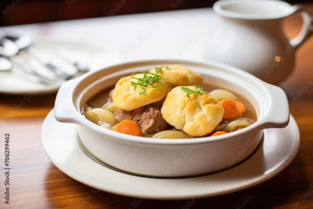beef stew with dumplings, dumplings perched on top beef stew with dumplings, dumplings perched on top