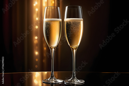 Champagne glasses, clinking in a dark, romantic setting, subtle lighting casting gentle reflections on the crystal surfaces. Generative AI