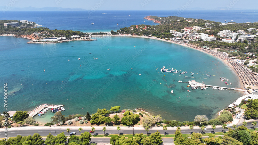 Aerial drone photo of famous celebrity sandy beach of Astir or Asteras in south Athens riviera with turquoise clear sea, Vouliagmeni, Greece