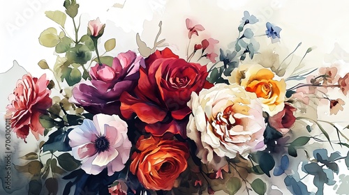 watercolor style illustration of flower bouquet blossom background wallpaper  color splash and wet in wet technique with grungy texture  Generative Ai