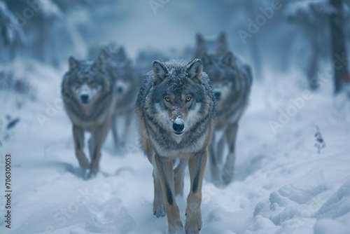 Alpha Wolf Leading Pack Through Snowy Forest Landscape © ItziesDesign