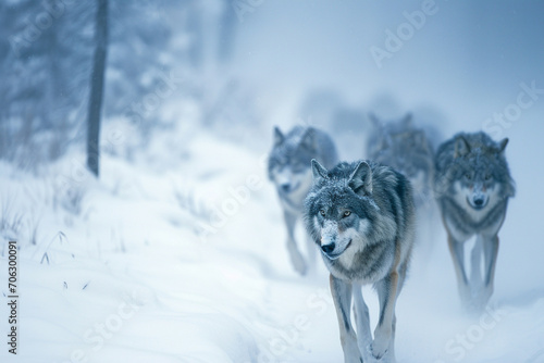 Alpha Wolf Leading Pack Through Snowy Forest Landscape