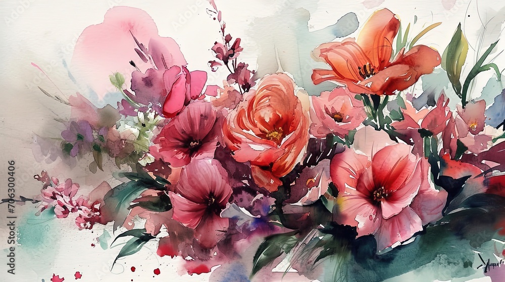watercolor style illustration of flower bouquet blossom background wallpaper, color splash and wet in wet technique with grungy texture, Generative Ai