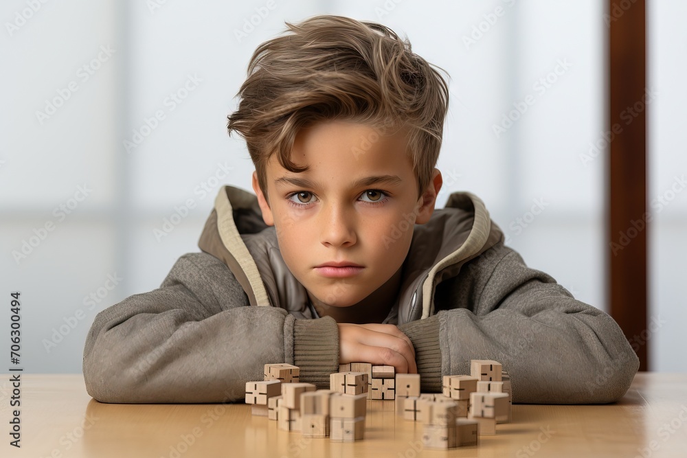 Little boy with autistic disorder playing with cubes on white background Generative AI Little boy with autistic disorder playing with cubes on white background Generative AI
