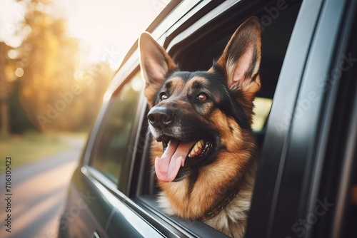 German Shepherd Dog Sticking Head Out Driving Car Window copy space daylights Generative AI photo