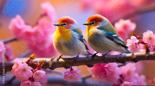 two birds sitting on a pink flower branch, in the style of vibrant and colorful, cherry blossoms,  © Shinn