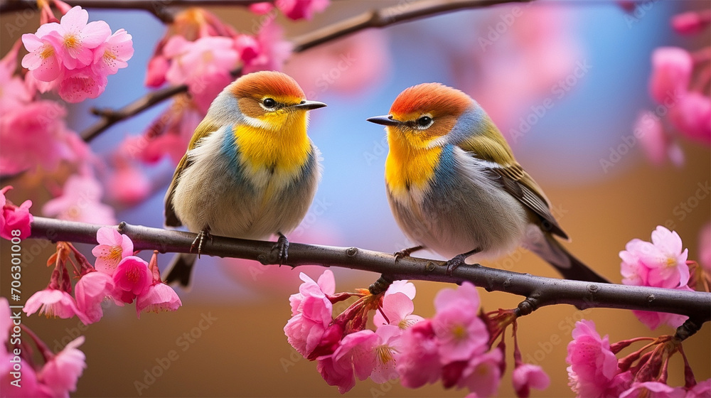 two birds sitting on a pink flower branch, in the style of vibrant and colorful, cherry blossoms, 