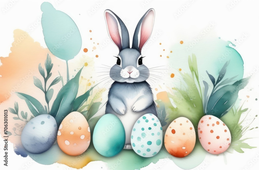 Obraz premium happy Easter background. bunny, hand-painted plants, dotted eggs in pastel watercolors.