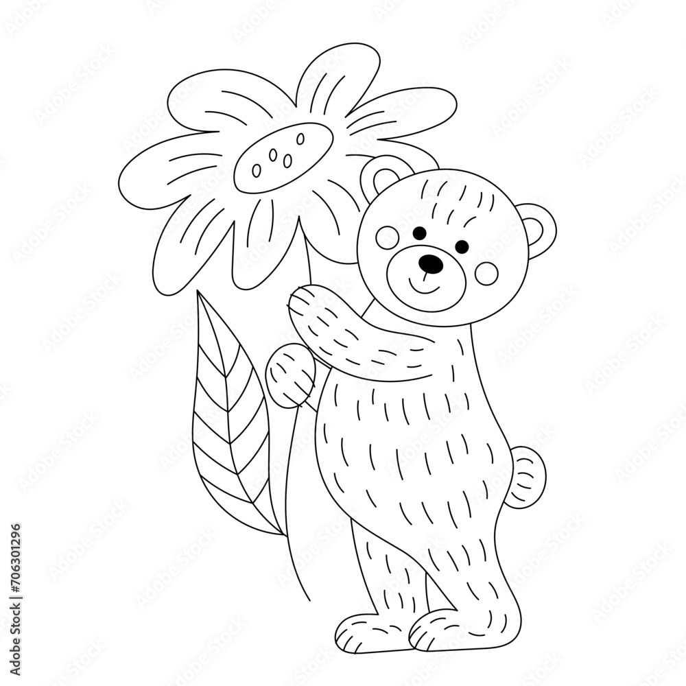 Obraz premium Teddy bear with flowers. Illustration for Valentine's day. Linear drawing for coloring.