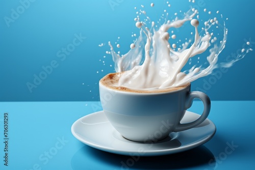 I orchestrate my mornings to the tune of coffee. Splashing against blue background. splash of coffee with milk in a cup. milk splash on a cup