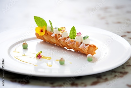 artistic plating of cannoli with mint leaves