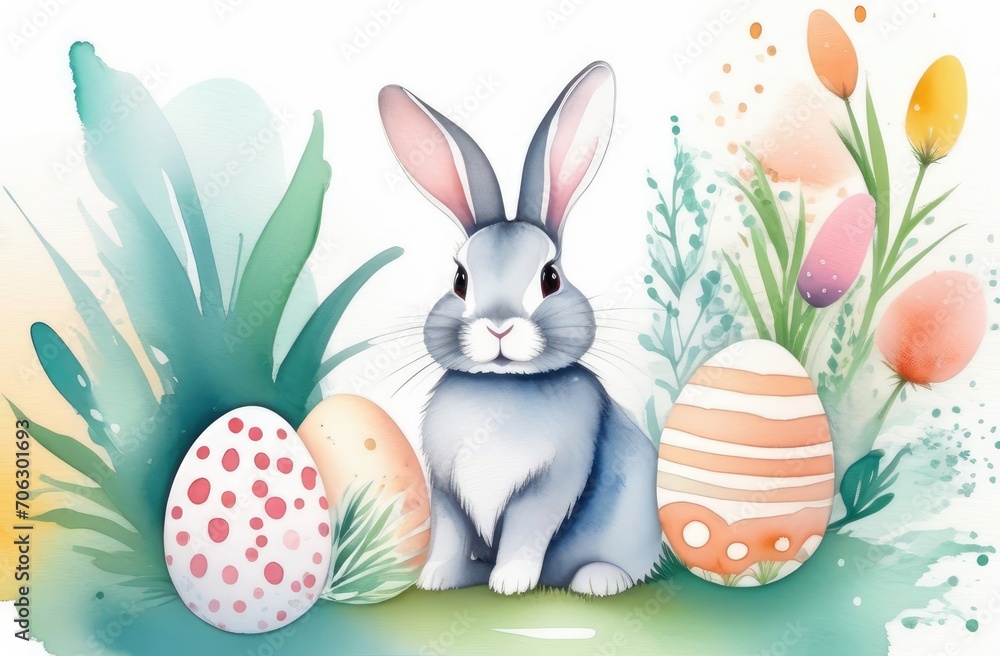 Hand-painted plants, eggs with dots and bunny in pastel colors. Happy Easter watercolor illustration Hand-painted plants, eggs with dots and bunny in pastel colors. Happy Easter watercolor illustration
