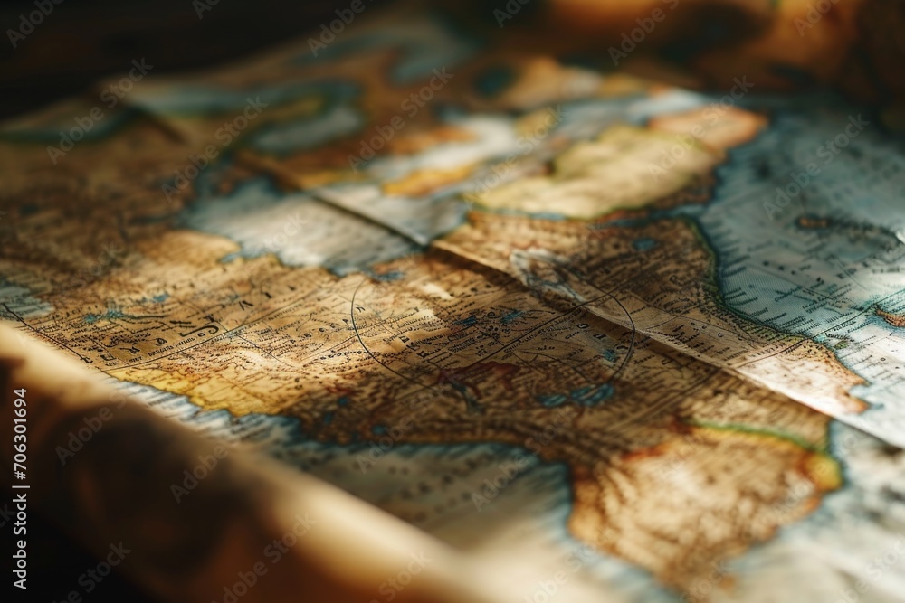 A close-up view of a map placed on a table. Perfect for travel-related projects and educational materials A close-up view of a map placed on a table. Perfect for travel-related projects and educational materials