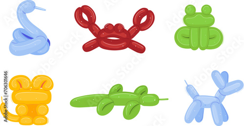 Set of colorful balloon animals including snake, crab, frog, lion, caterpillar, and dog. Children's party entertainment and balloon artistry vector illustration.