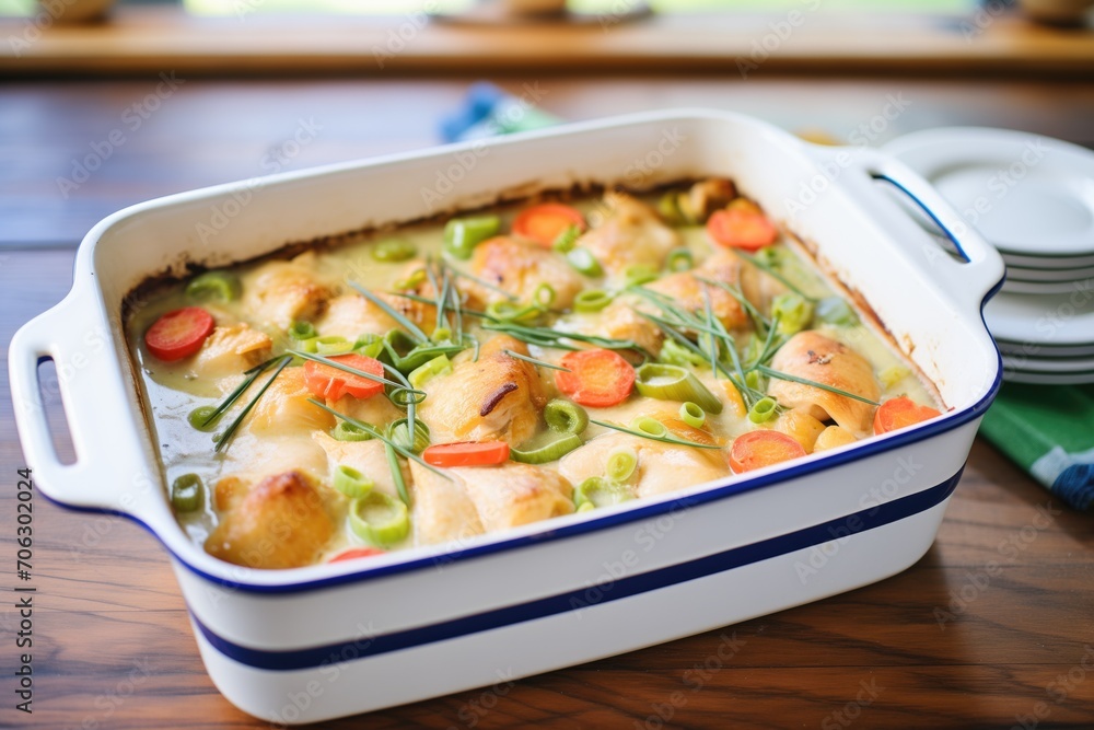 chicken and dumplings taken out of the oven in a casserole dish chicken and dumplings taken out of the oven in a casserole dish
