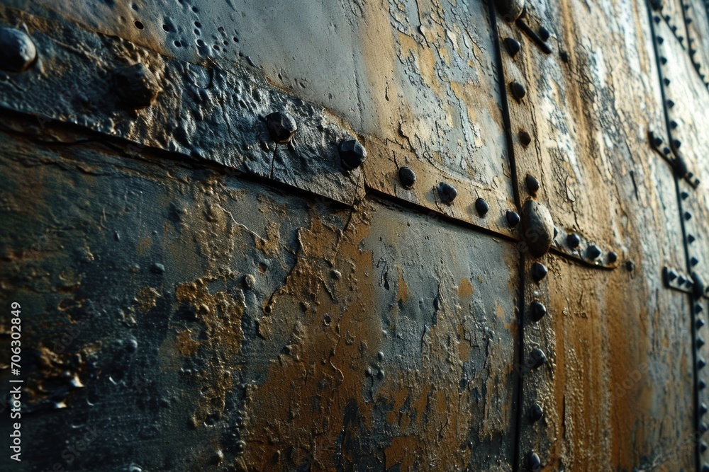 A detailed close-up view of a metal wall with rivets. This image can be used to depict industrial settings or as a background for design projects