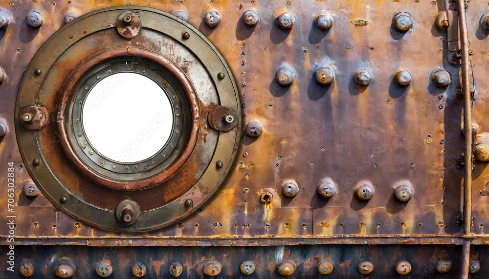 Closeup of a metal porthole of a nautical vessel made of rusty iron, on a metal grunge background. Isolated on white or transparent background, png. Generative Ai.