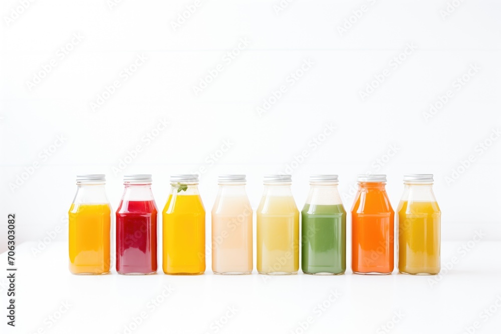 rainbow of juices in clear bottles on white background rainbow of juices in clear bottles on white background