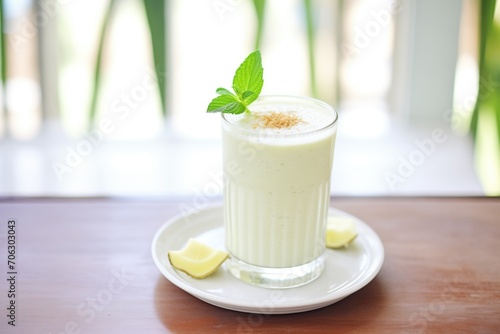 a frosty glass of coconut water smoothie adorned with a mint leaf