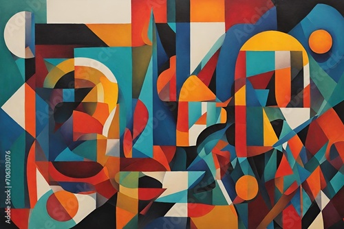 Art piece inspired by cubism with bold geometric shapes and vibrant colors