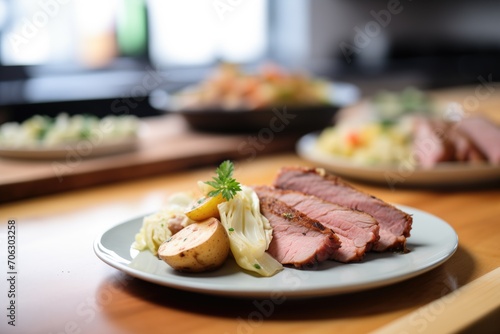 sliced corned beef on plate with steamed cabbage wedges