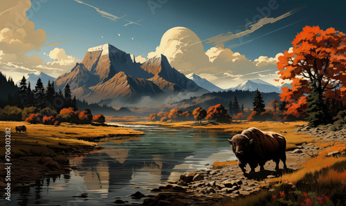 Natural autumn landscape, bison grazing by the river.