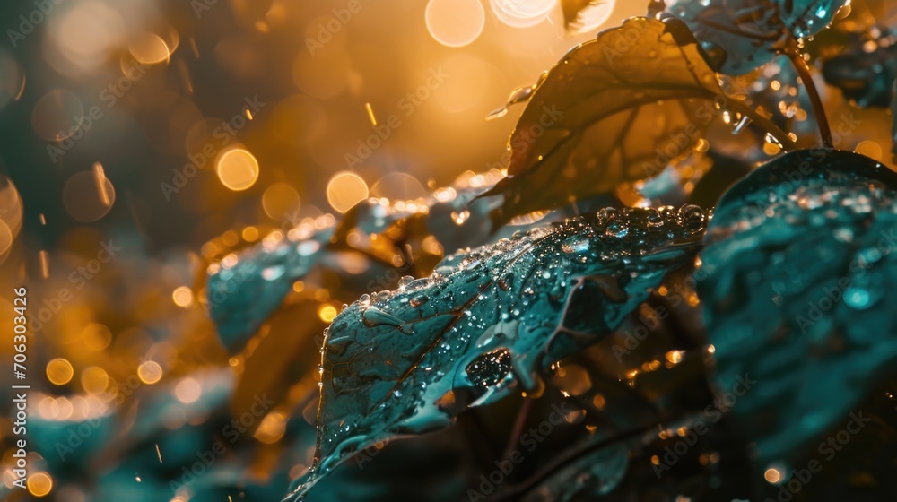 A detailed view of a plant with water droplets on its surface. This image can be used to depict freshness, nature, or the concept of growth and renewal
