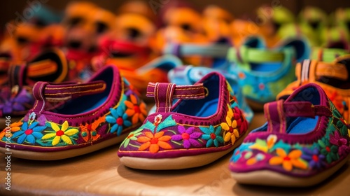 the vibrant colors of baby chapal shoes, capturing their lively hues against a clean, neutral white canvas.