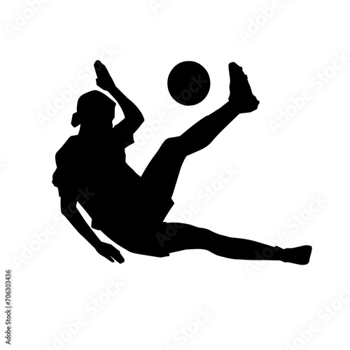 Silhouette of a female soccer player kicking a ball. Silhouette of a football player woman in action pose.