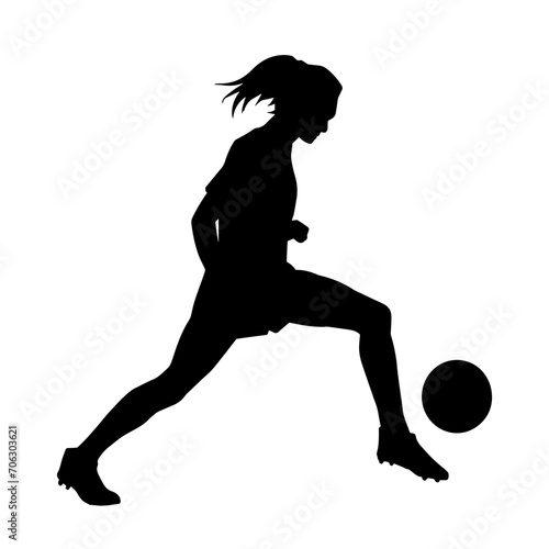 Silhouette of a female soccer player kicking a ball. Silhouette of a football player woman in action pose.