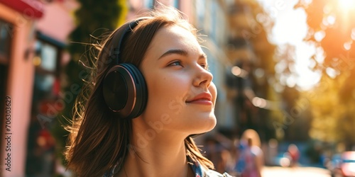A woman wearing headphones gazes up at the sky. Perfect for technology, music, and relaxation concepts