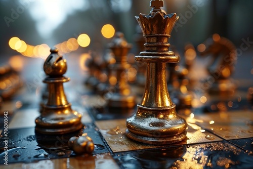 Close-up golden queen chess piece standing with falling silver pawn chess pieces on chessboard on dark background. Leadership, winner, competition, and business strategy concept.
