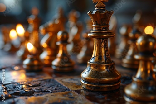 Close-up golden queen chess piece standing with falling silver pawn chess pieces on chessboard on dark background. Leadership, winner, competition, and business strategy concept.
