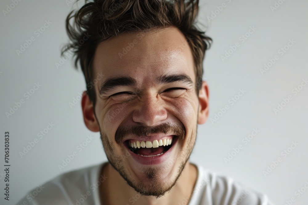 Fototapeta premium A man is captured in a moment of pure joy, with his eyes closed and a wide smile on his face. This image can be used to depict happiness, laughter, or positive emotions.