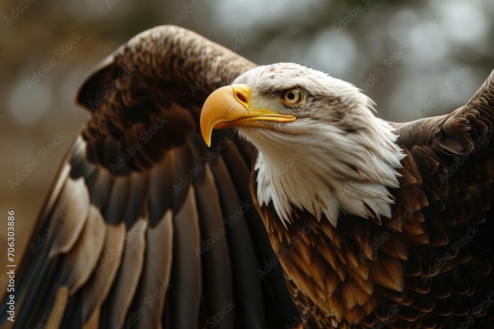 Obraz premium A close-up view of an eagle with its wings spread wide. Perfect for nature enthusiasts and wildlife lovers