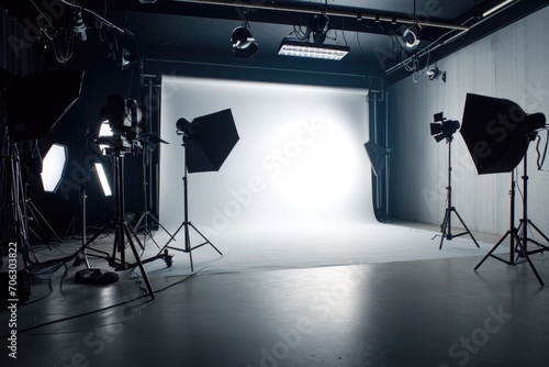 A photo studio filled with lights and lighting equipment. Ideal for professional photographers and those interested in studio photography photo