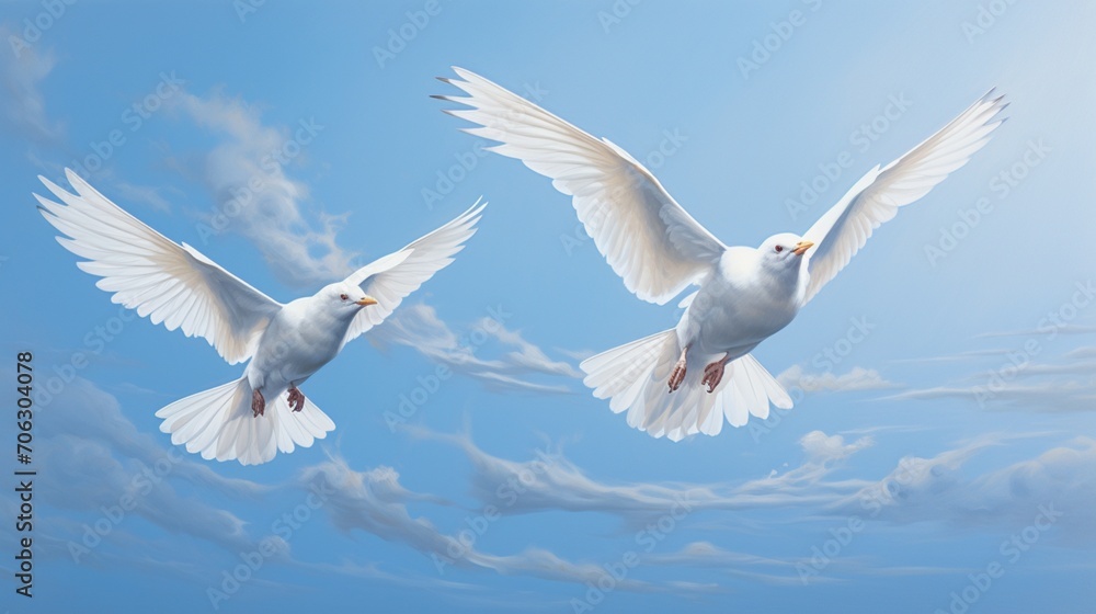 Two majestic white birds in mid-flight against the backdrop of a brilliant blue sky, their synchronized movement evoking a sense of effortless elegance and unity.