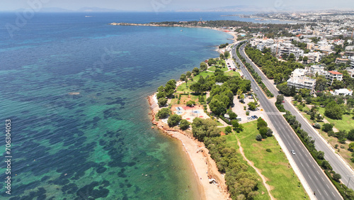 Aerial drone photo of famous seascape of Athens Riviera with crystal clear beaches, Voula, Saronic gulf, Attica, Greece photo